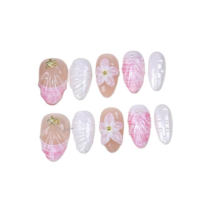 French Tip Press on Nails Short Almond Summer Fake Nails with 3D Flower Starfish Design Reusable Artificial Handmade False Nails Pink White Glossy Glue on Nails for Women Girls Acrylic Nails DIY 10Pcs