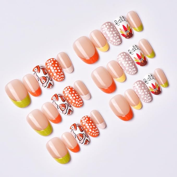 Thanksgiving Short Square Press on Nails Fall Theme Fake Nails Colorful Cartoon Polka Dot Stick on Nail