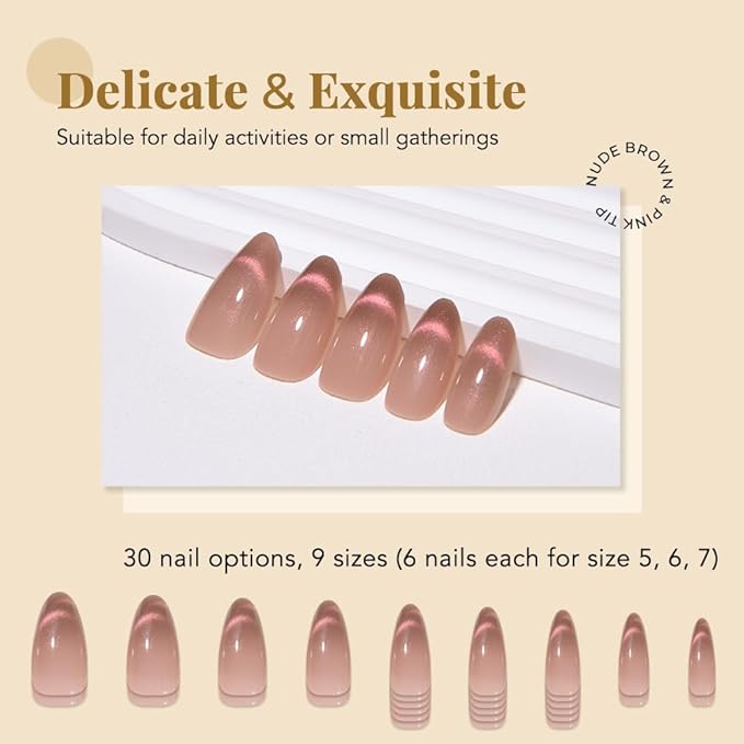 Cat Eye Nude Smile Press On Nails Medium Almond, Designer Reusable Acrylic Fake Nails with Glue, Glossy Soft Gel Nails Wedding and Party, Stick On Glue On Nails, Nails Press Ons for Women