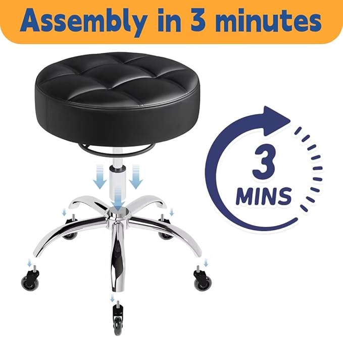 YEEZEE Heavy Duty 400lb Rolling Stool: Super Soft Leather Seat Cushion, 360 Swivel, Height Adjustable, No Squeak, No Tip Over, Salon & Spa Stool (Black)
