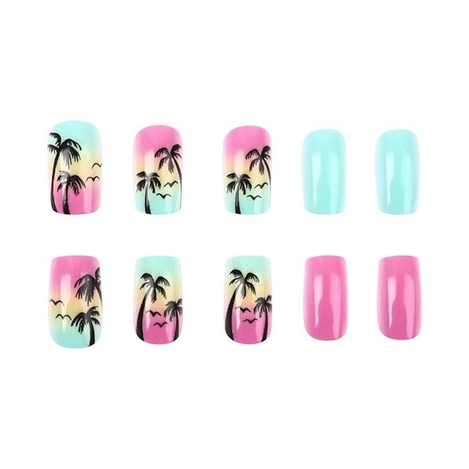 Summe Press on Nailsr Short Square Fake Nails Palm Tree False Nails Blue Pink Glossy Full Cover Acrylic Glue on Nails Cute Artificial Stick on Nails for Women Manicure 24 Pcs