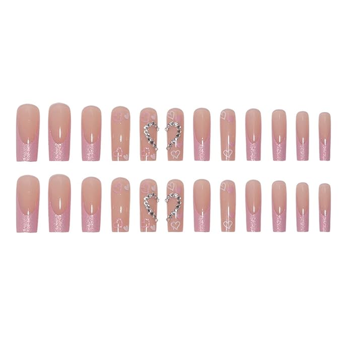 Glitter French Tips Press on Nails Long Square Fake Nails Pink Full Cover Acrylic False Nails with Rhinestone Heart Design Coffin Glue on Nails Artificial Nails for Women Girls Nail Decorations 24Pcs