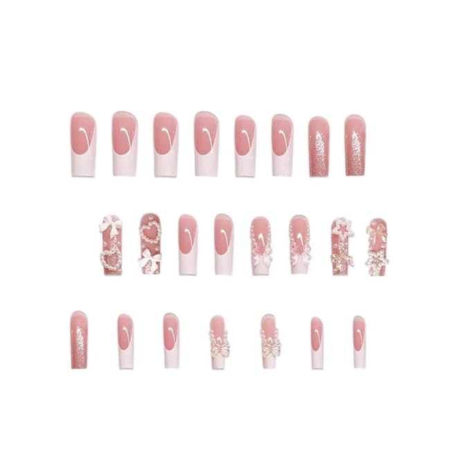 Square Press on Nails Long Fake Nails French False Nails Pink Cute Nails with Heart 3D Bow Designs Glossy Artificial Nails Stick on Nails for Women 24pcs