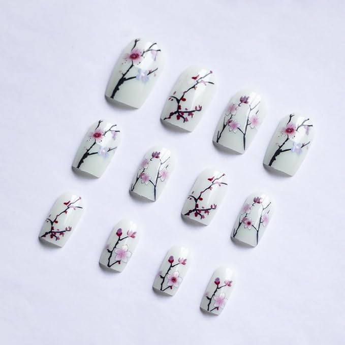 24Pcs Sakura Press on Nails Medium Square Fake Nails Flower False Nails Glossy Full Cover Artificial Glue on Nails Spring Stick on Nails Cute Nail Supplies for Women Girls DIY Manicure Decoration