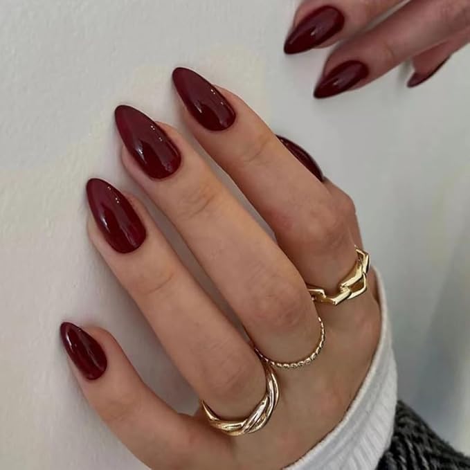Wine Red Press on Nails Solid Color Fake Nails Short Almond Glossy Full Cover Acrylic Glue on Nails Art Design Reusable Artificial Stick on Nails for Women Girls 30 Pcs