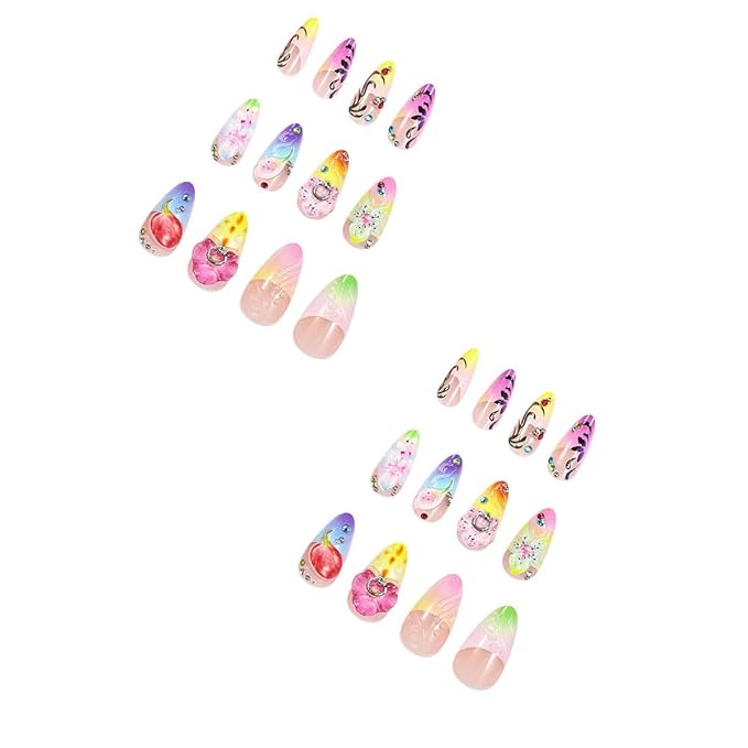 Flower Press on Nails Long Almond Fake Nails with 3D Rhinestones Colorful Flowers Design French Tip False Nails Gradient Stick on Nail Acrylic Full Cover Glue on Nail for Women DIY Manicure Kit