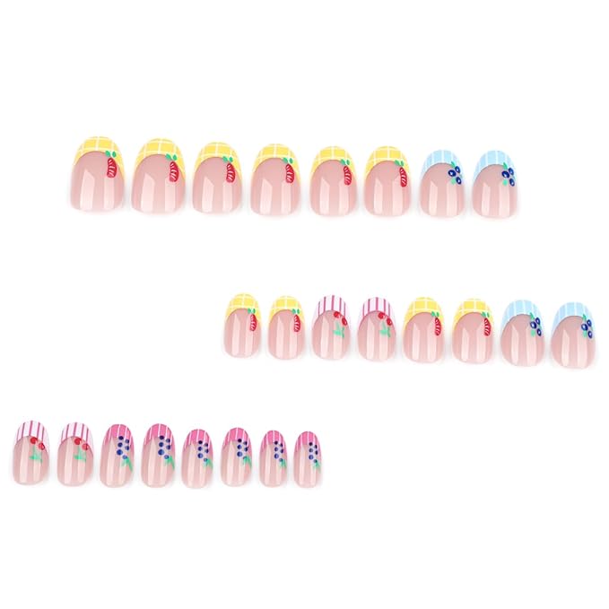 Fruit Press On Nails Oval Shape, Colorful Striped Fake Nails with Cute Cherry Grape Orange Blueberry Designs, Glossy Gel Finish Acrylic Reusable Glue On Nails for Women, 24 Pcs