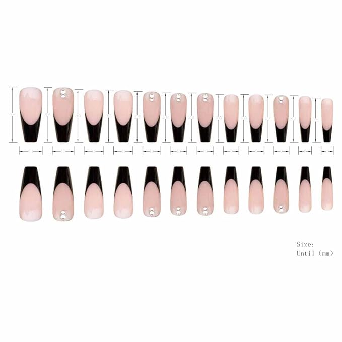 Long Press on Nails Black Coffin French Fake Nails Full Cover Nude Acrylic False Rhinestone Nails for Women and Girls 24PCS