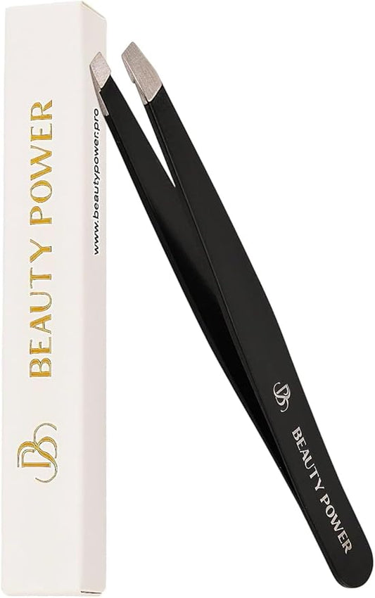 Slant Tip Precision Tweezers - Stainless Steel Eyebrow Tweezers for Women & Men - Precision Tweezers for Facial Hair, Ingrown Hair & Brow Shaping - Professional Beauty Tool (Matte Black)