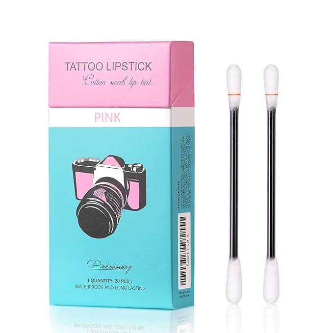 FLIPNEX 20Pcs Cotton Swab Tattoo Lipstick, Tattoo Lipstick Cotton Swab Lip Tint, Waterproof and Long Lasting Liquid Non-Stick Portable Lip Gloss (Pink)