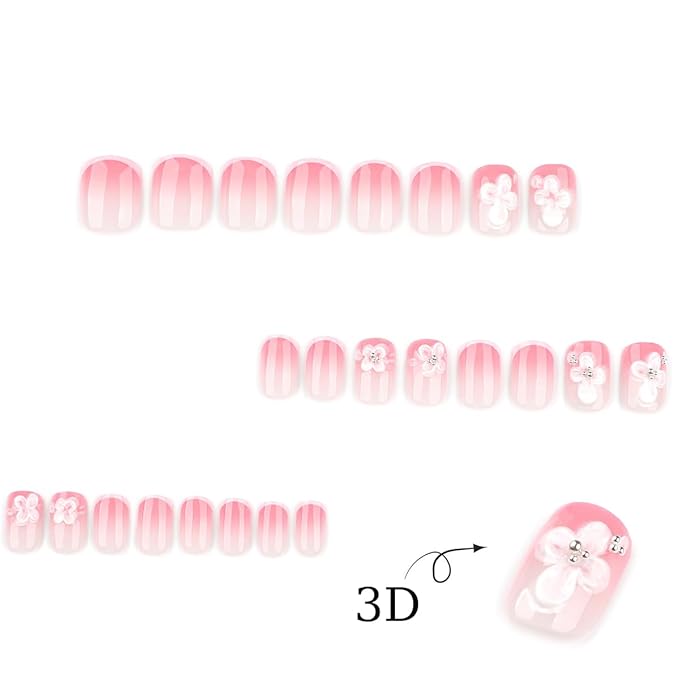 24Pcs French Tip Press on Nails Short Square Fake Nails 3D Flower False Nails with Charms Summer Glue on Nails Full Cover Glossy Gradient Pink Acrylic Nails White Flower Stick on Nails for Women