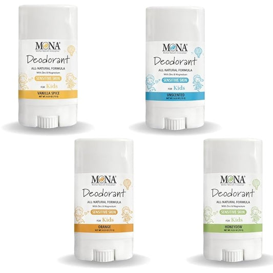 MONA Brands TRAVEL SIZE Deodorant for Kids | 100% Natural Kids Deodorants For Girls, Boys, Pre-Teens & Teens | Hypoallergenic (4-PK Travel Size Combo (0.53 Oz each))