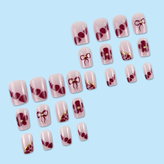 Medium Square Press-On False Nails, 24PCS, Glossy Acrylic, Full Cover, Summer Cute Designs, Reusable with Red Ribbon, Gold Glue, ABS Material, Perfect for Parties, Weddings, Gifts