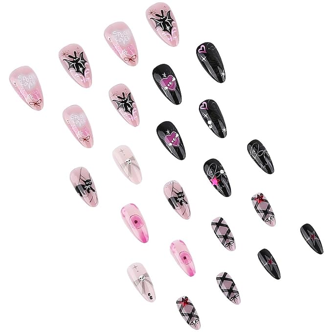 24Pcs Gothic Press on Nails Medium Almond Fake Nails Cat Bow Heart with Rhinestones Gems Charms Glitter Design Full Cover Y2k Glue on Nails Black Pink False Nails for Women Artificial Acrylic Nails