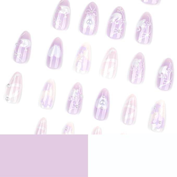 24Pcs Almond Press on Nails Medium Light Purple Fake Nails with Pearls Charms 3D Swan Ribbon Heart Luxury Nail Design Cute Bow False Nails Glossy Reusable Acrylic Glue on Nails for Women