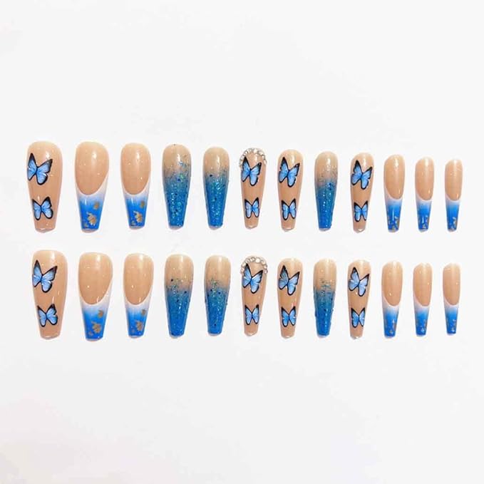Artificail Extra Long Press on Rhinestone Nails Butterfly Fake Nails with Sequins Glitter Acrylic Blue Full Cover Fake Nails with Design Nail Tips for Women&Girls, 24PCS