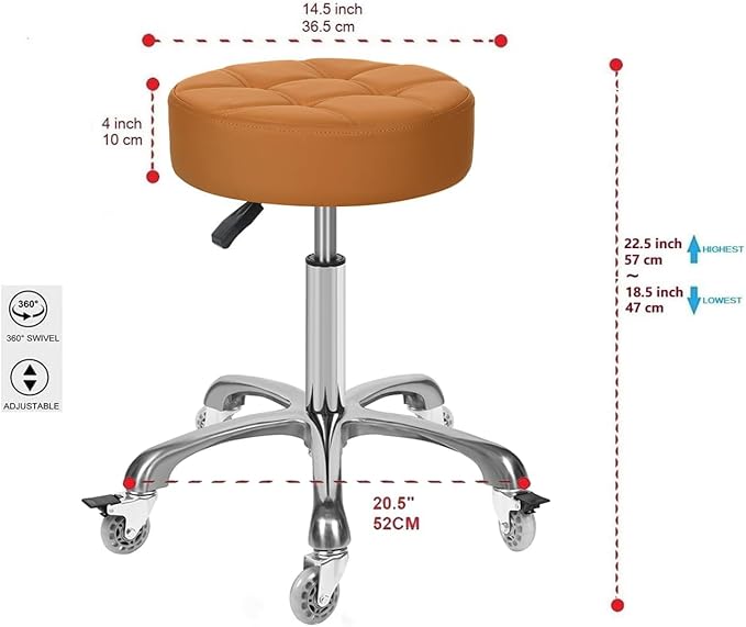 Adjustable Heavy Duty Stool - Rolling Stools with Locking Caster Wheels - Swivel Stools Backless Chair for Beauty Hair Salon Spa Home Kitchen Office Shop Massage (Camel, Height 18 to 22 in)