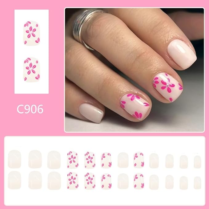 24Pcs Square Press On Nails Short Fake Nails Spring False Nails With Flower Design Summer Acrylic Nails Full Cover Artificial Nails Glossy Glue On Nails Cute Floral Stick On Nails For Women Manicure