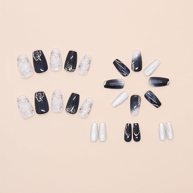 24Pcs Blue Press on Nails Medium Coffin Fake Nails Embossed Peach Blossom with Glitter Designs Full Cover Silver Chrome Glue on Nails Handmade False Nails for Women Girls Acrylic Nail Decorations