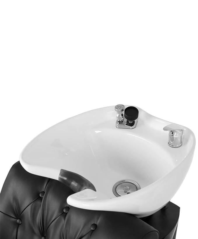 Buy-Rite Chelsea Backwash Station - Black Tufted Chair, White Tilting Porcelain Sink, Nailhead Trim, Removable Cushion, Faucet, Hose & Vacuum Breaker, NIN-9902BW