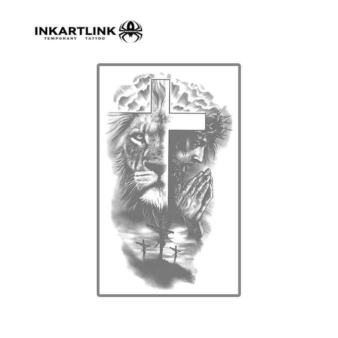 INKARTLINK Semi-Permanent Tattoos, religious large temporary hand tattoos for cool men and women, realistic, waterproof and cruelty-free (lion, Jesus cross)