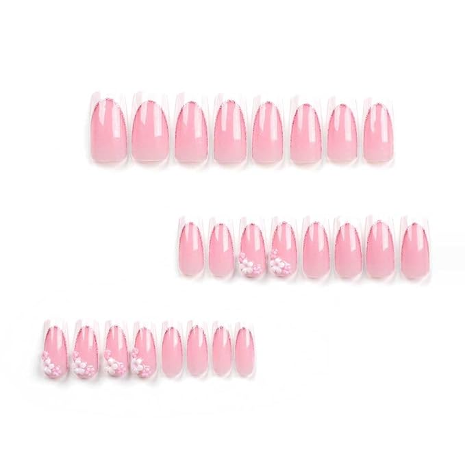 Press on Nails Long Rhinestone Pink Fake Nails Square Bling Glossy 3D Flower Artificial Nails Finger Manicure for Women and Girls-24pcs (Long Nails 5)