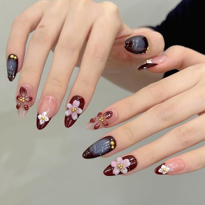 Handmade Press on Nails Almond Medium Fake Nails with 3D Flower Designs Glossy Brown Cute Fall Acrylic Nails for Women 10pcs(Size M）