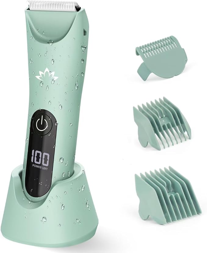 Bikini Trimmer for Women, Painless Pubic Hair Trimmer for Armpit Leg Arm Body Private Area,Rechargeable Womens Electric Razors Shaver LED Light Ceramic Blade IPX7 Waterproof Wet/Dry LCD Display,Green