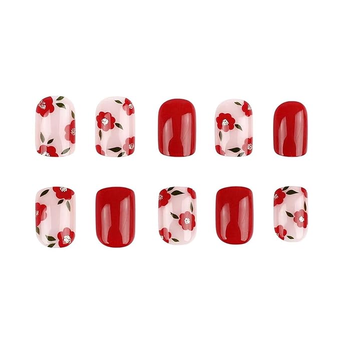 Red Press on Nails Short Square Fake Nails Glitter with Flower Leaf Design Nails Press Ons Floral Full Cover False Nails Acrylic Artificial Nails Glossy Glue on Nails Stick on Nails for Women 24Pcs