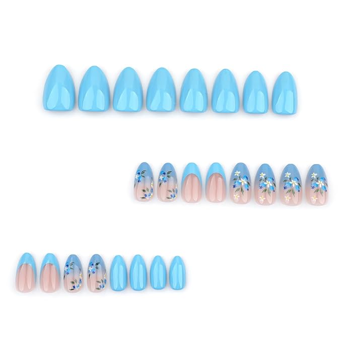 24Pcs Blue Press on Nails Medium Almond Nails French Tip Fake Nails with Floral Spring Summer False Nails Gradient Designs Glue on Nails Blue Flower Acrylic Nails Full Cover Nail Tips for Women