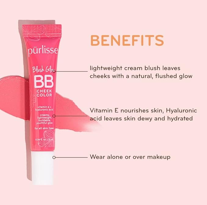 pürlisse Blush Glow BB Cheek Color - Dewy Liquid Blush for Cheeks - Enriched with Vitamin E & Hyaluronic Acid - Creamy, Lightweight & Buildable - Hydrating & Nourishing - Pretty Plum (0.34 Fl oz)