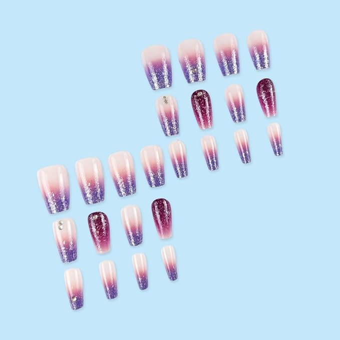 Medium Press on Nails Coffin Square Shape Fake Nails Purple Gradient Acrylic Glossy Glue on Nails with Glitter Designs French Tip Nails Short Stick on Nails Artificial Nails for Women Girls, 24Pcs