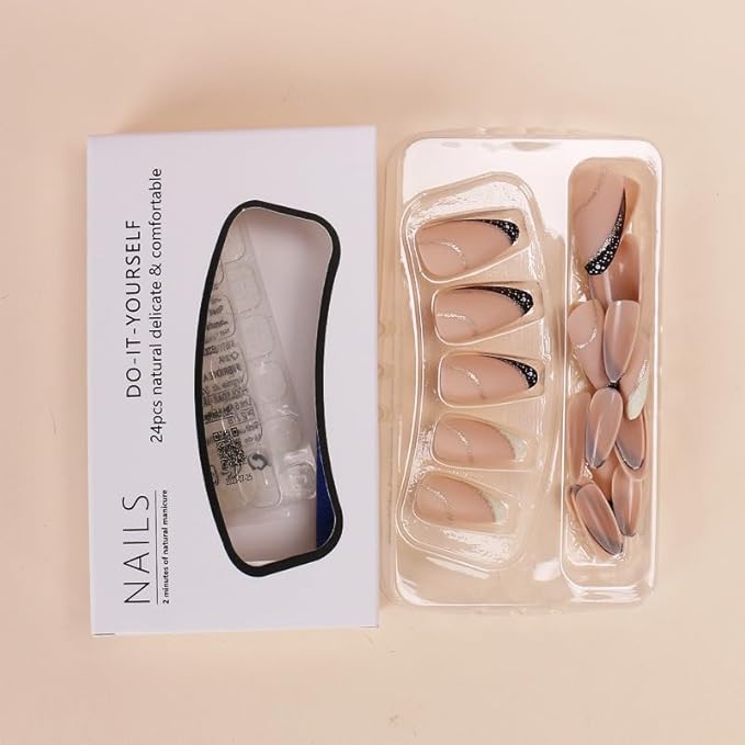 Gold Line Almond Press on Nails - Medium French Tip False Nails with Designs - Glue on Full Cover Acrylic Nails Art DIY Stick on Nails for Women - 24 Pcs