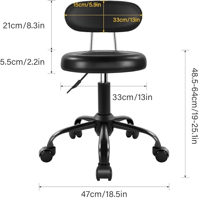 Rolling Stool with Wheels Swivel Stool with Back Height Adjustable Chair PU Leather Rolling Chair Ideal for SPA Salon Home Office Drafting Work (Black)