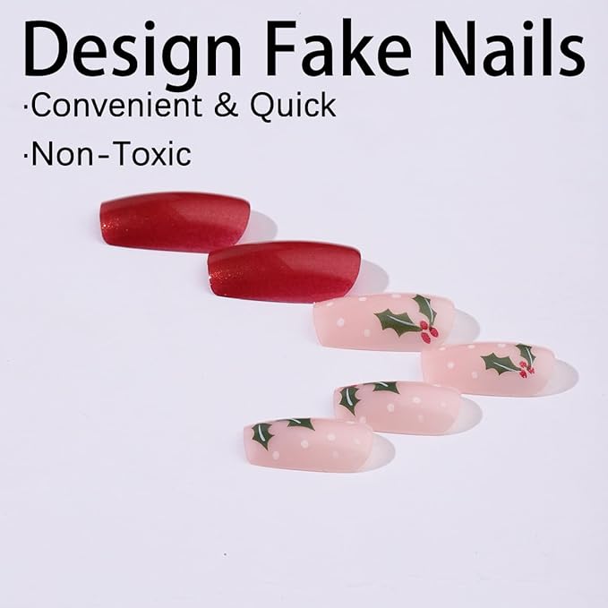 24Pcs Christmas Press on Nails Short Square Fake Nails with Holly Designs Red Xmas False Nails Winter Snow Acrylic Nail Full Cover Stick on Nails for Women DIY Christmas Manicure Decoration