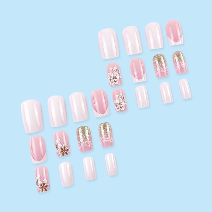 White French Tip Press on Nails Medium Square Fake Nails Glossy Pink Acrylic Full Cover Flower Glue on Nails with Glitter Designs French False Nails Stick on Nails Artificial Nails for Women Girls