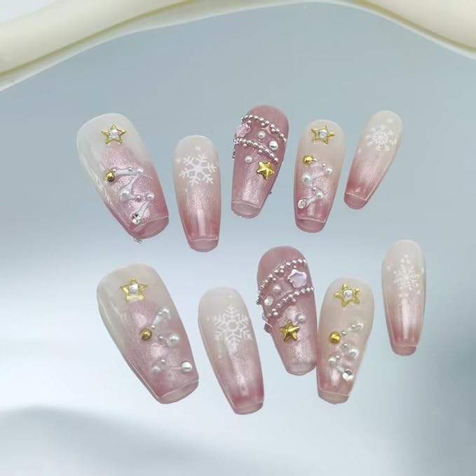 10Pcs Christmas Press on Nails Medium Square Pink Fake Nails Christmas Handmade Nails with 3D Pearl Rhinestones Design Glossy Full Cover Glue on Nails for Women Girls DIY Winter Acrylic Stick on Nails
