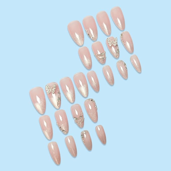 24Pcs Silver Rhinestones Press on Nails Medium Almond Fake Nails Butterfly Gems Glitter Full Cover Acrylic French Tip Glue on Nails Gradient Pink False Nails Stick on Nails for Women Nail Decorations