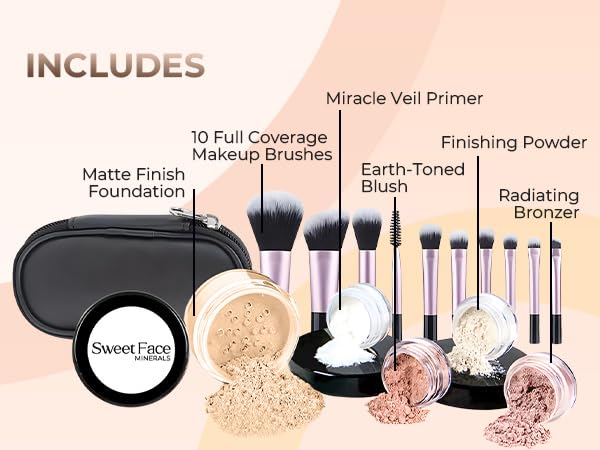 16pc Beginner Mineral Makeup STARTER KIT with 10 BRUSH SET (5gm)Sample Size Foundation, Primer, Blush, Bronzer, Setting Powder for Learning, Occasional Use & First Time Users, Travel Size Kit (Fair 2)