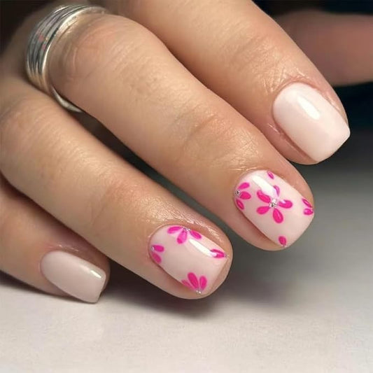 24Pcs Square Press On Nails Short Fake Nails Spring False Nails With Flower Design Summer Acrylic Nails Full Cover Artificial Nails Glossy Glue On Nails Cute Floral Stick On Nails For Women Manicure