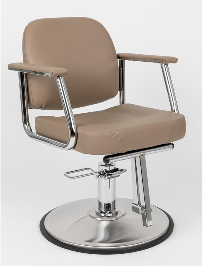Zaria Wide Salon Styling Chair, Round Chrome 360° Swivel Hydraulic | Minerva Beauty (Taupe)