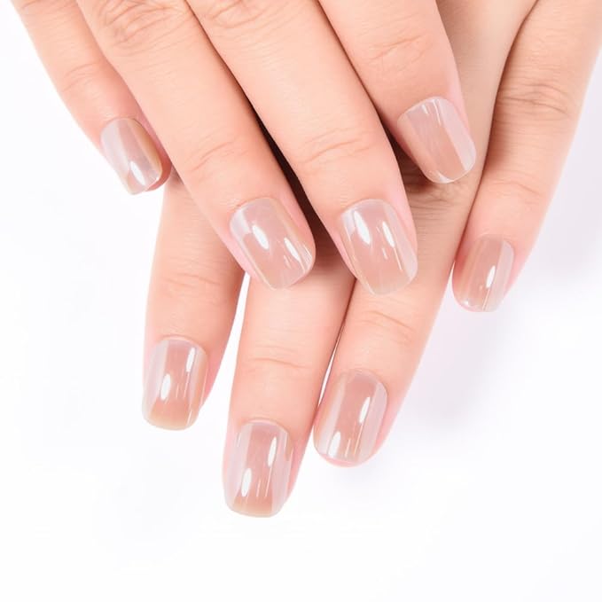 evpct Nude Glazed Press on Nails Short Square for Women Girls Gift, Chrome Glazed Nude Fake Nails Reusable with Soft Gel, Glossy Glitter Stick Glue on False Nail Kit Salon Quality DIY at Home, 01