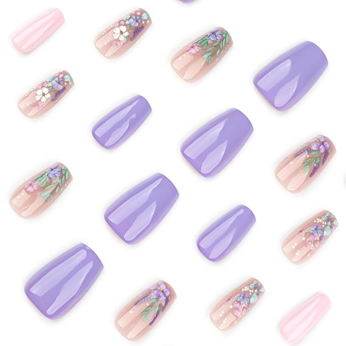 Spring Flower Press-on Nails, Coffin Shape Fake Nails, Purple Lavender and Pink Floral 3D Design Artificial Nails, Medium Length Glue on Nails for Women Girls, 24 Pieces