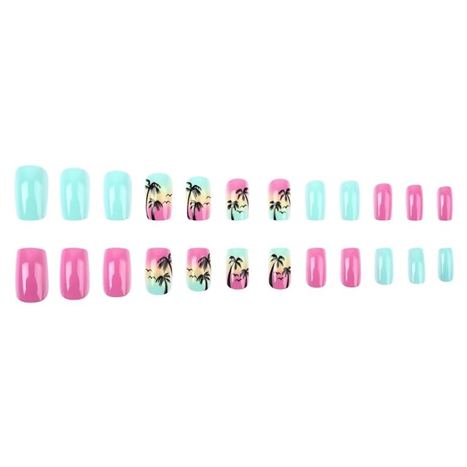 Summe Press on Nailsr Short Square Fake Nails Palm Tree False Nails Blue Pink Glossy Full Cover Acrylic Glue on Nails Cute Artificial Stick on Nails for Women Manicure 24 Pcs
