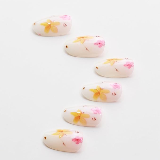 IMRAIN Spring Press on Nails Almond Medium Fake Nails with Cute Flower Designs Floral Artificial Nail Supplies Summer Glossy Glue on Nails Full Cover Stick on Nails for Women 24Pcs