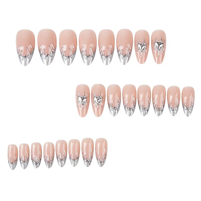 24Pcs Silver French Tip Press on Nails Medium Almond Fake Nails 3D Silver Chrome False Nails Artificial Heart Glue on Nail Y2k Punk Acrylic Nails Gothic Stick on Nail for Women Manicure Decorations