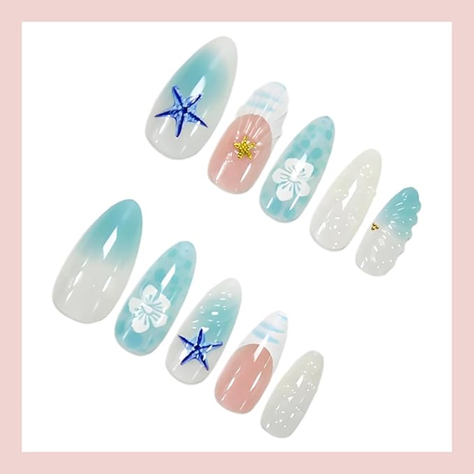 24Pcs Blue French Tip Press on Nails Medium Almond Summer Fake Nails 3D Golden Starfish Seashell with Hibiscus Press Ons Full Cover Beach False Nails Ocean Manicure Decorations for Women Acrylic DIY