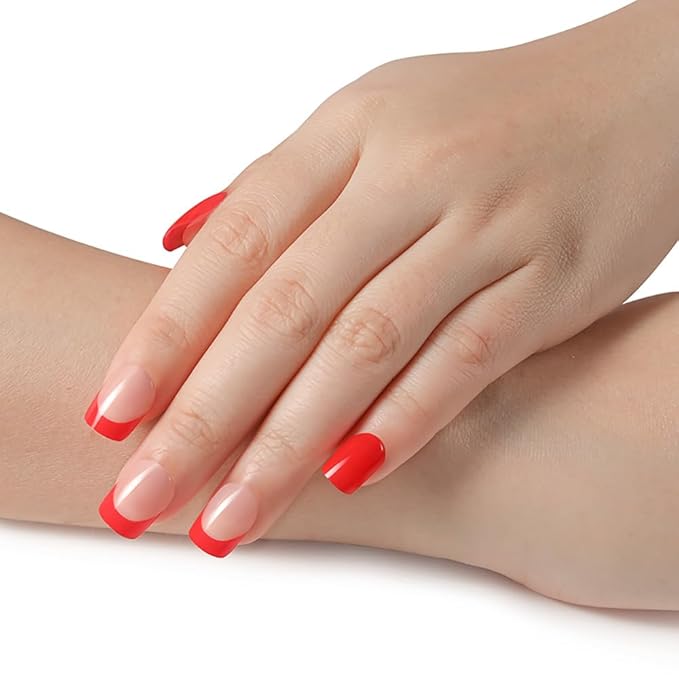 Red French Tip Press on Nails Short, Square Fake Nails Kit, Glossy Gel Finish Acrylic Press On Nails, Natural Glue On Nails, Reusable Stick On Fake Nails for Women, 24Pcs
