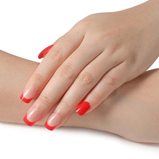 Red French Tip Press on Nails Short, Square Fake Nails Kit, Glossy Gel Finish Acrylic Press On Nails, Natural Glue On Nails, Reusable Stick On Fake Nails for Women, 24Pcs