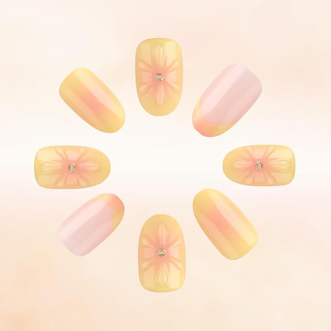 Fall French Tip Press on Nails Short Almond False Nails With Yellow Pink Gradient Design Full Cover Glue on Nail Reusable 3D Flower Acrylic Fake Nails Glossy Artificial Stick on Nail for Women